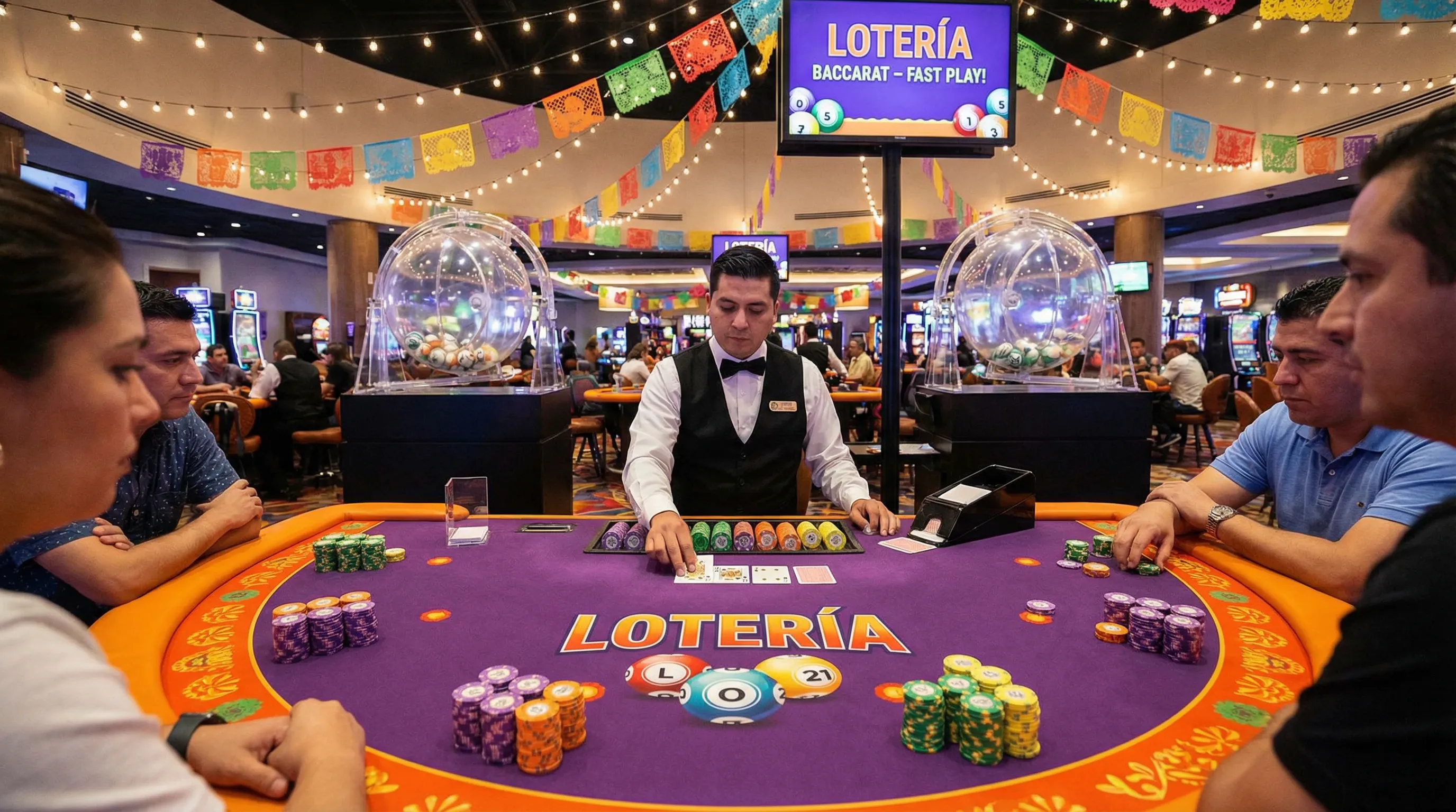 Mesa de bacará elegante con crupier en Tiraj Rapid