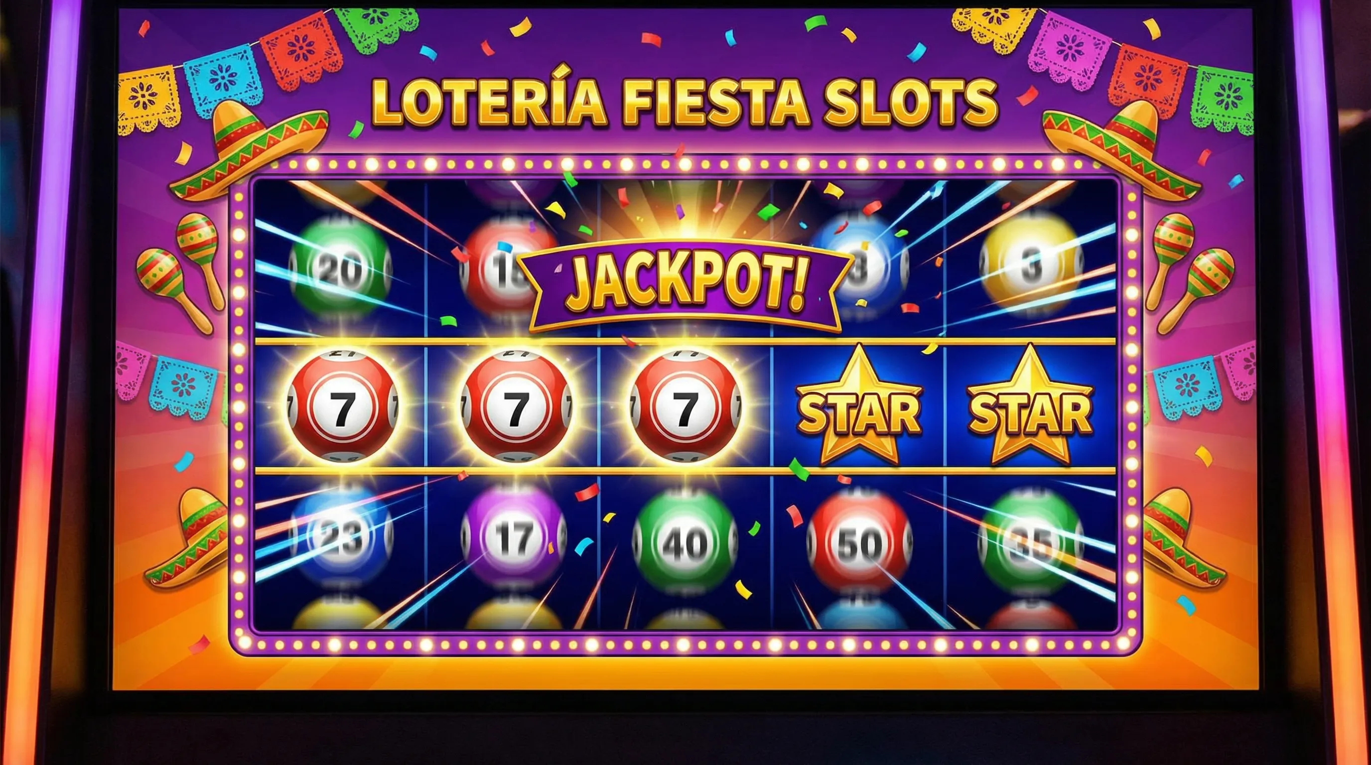 Tragamonedas con temática de lotería y bolas de colores